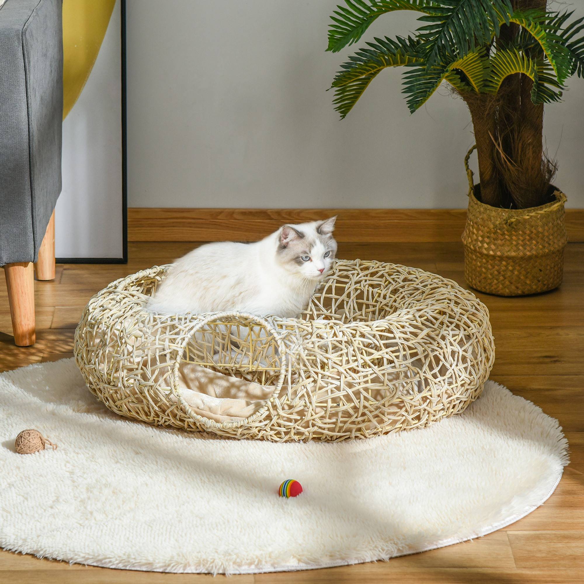 Lit Panier pour Chat 2-en-1 avec Tunnel de Jeu en Rotin PE Couchage Rond avec Coussin Doux Bois Naturel - ComfortXL Outdoor Living - Image 10