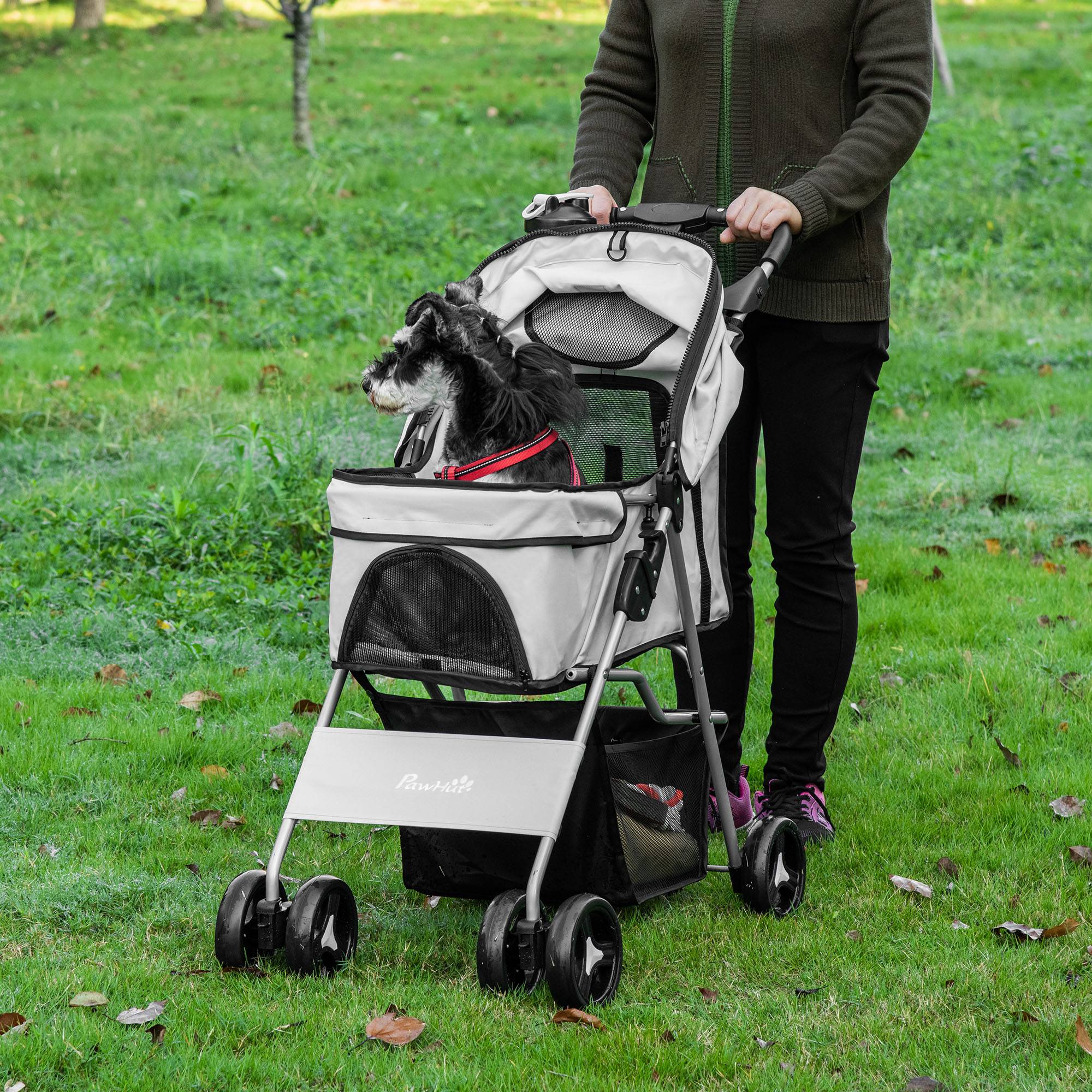 Poussette buggy pour chiens 77L x 45l x 99,5H cm pliable imperméable tissu 600D Oxford 4 roues gris - Image 3