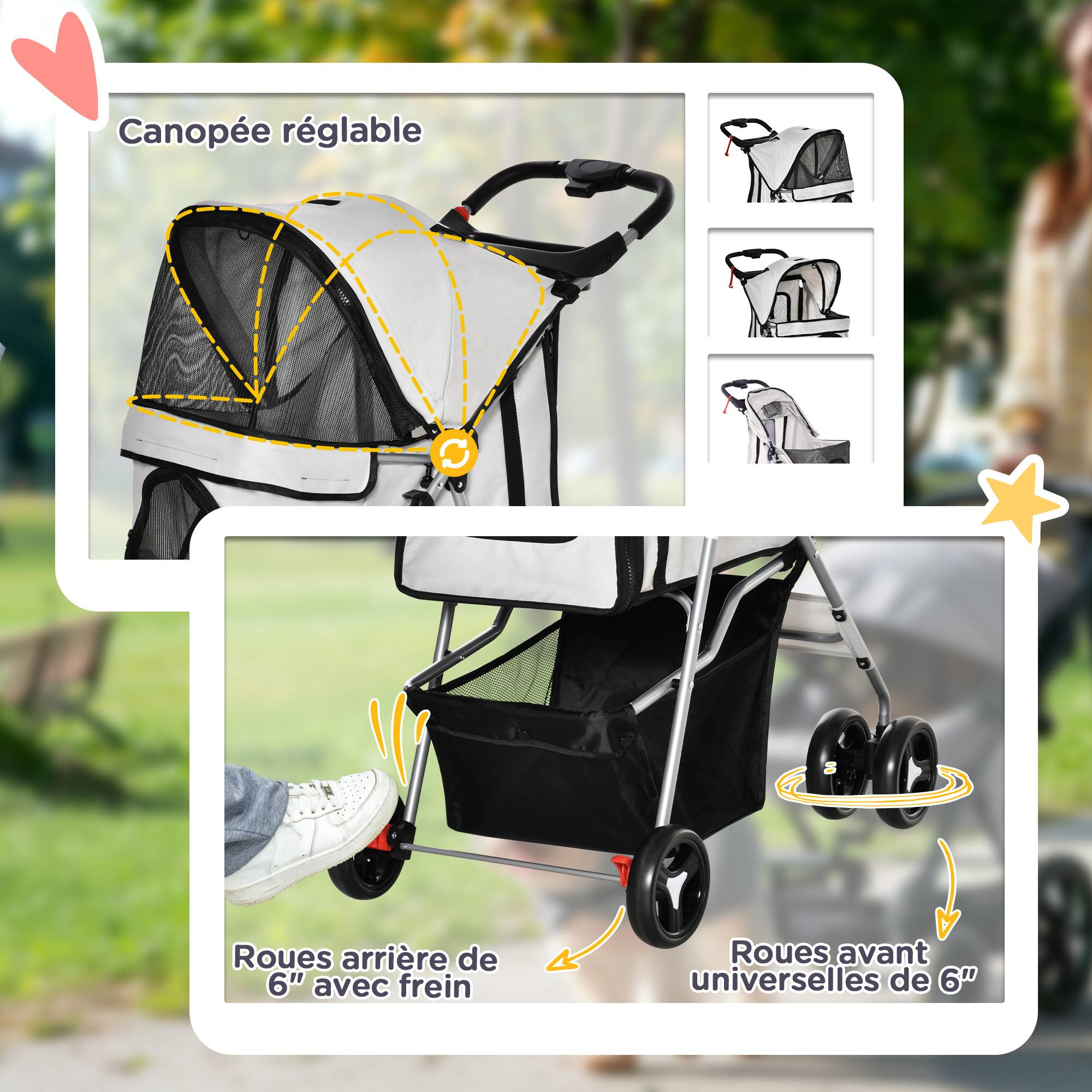 Poussette buggy pour chiens 77L x 45l x 99,5H cm pliable imperméable tissu 600D Oxford 4 roues gris - Image 8