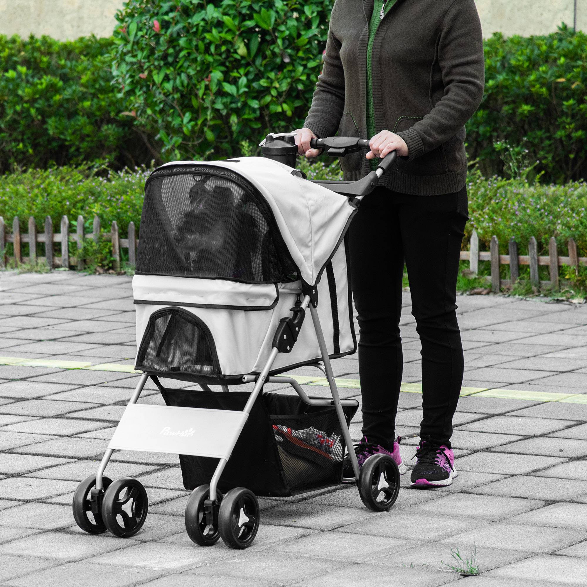 Poussette buggy pour chiens 77L x 45l x 99,5H cm pliable imperméable tissu 600D Oxford 4 roues gris - Image 4