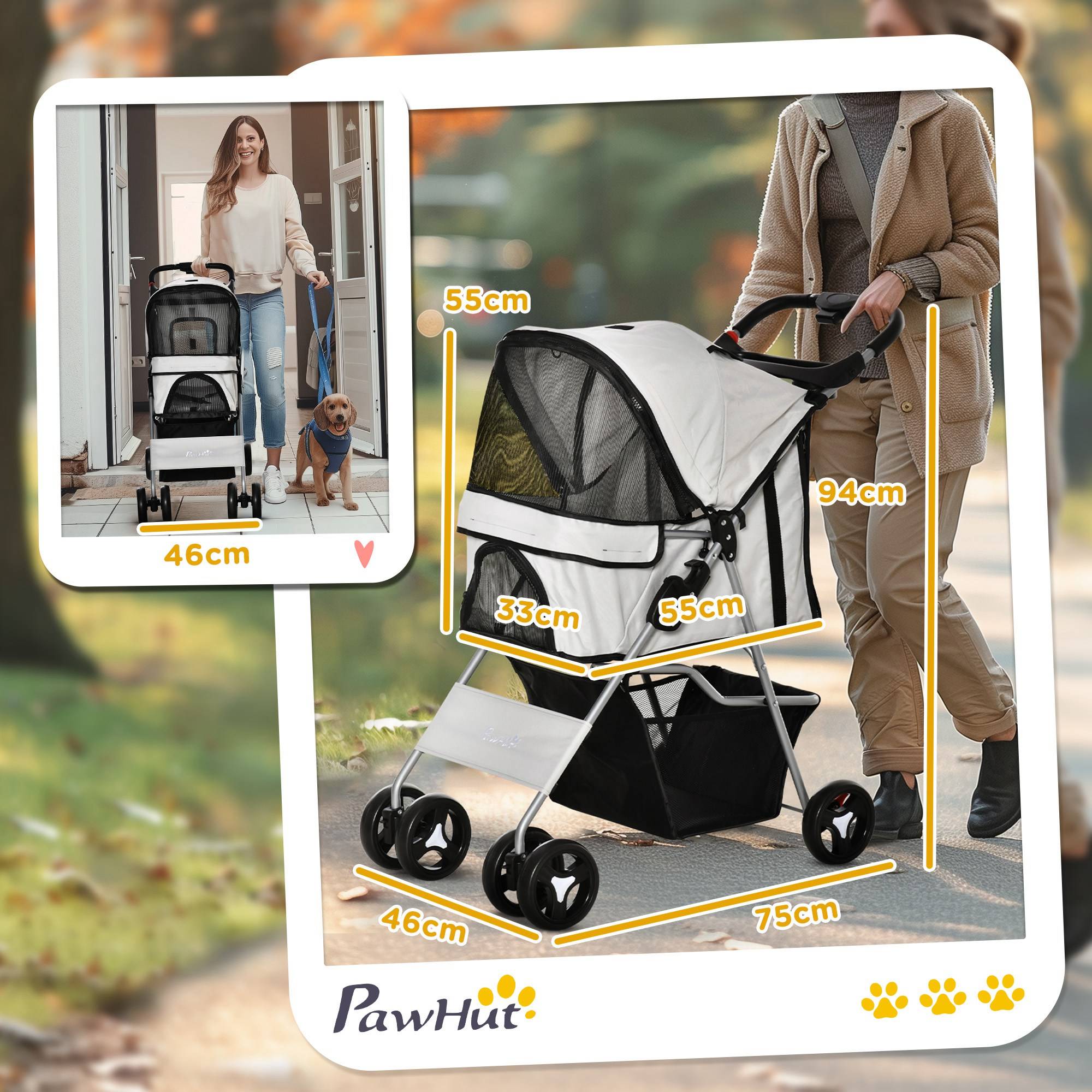 Poussette buggy pour chiens 77L x 45l x 99,5H cm pliable imperméable tissu 600D Oxford 4 roues gris - Image 5