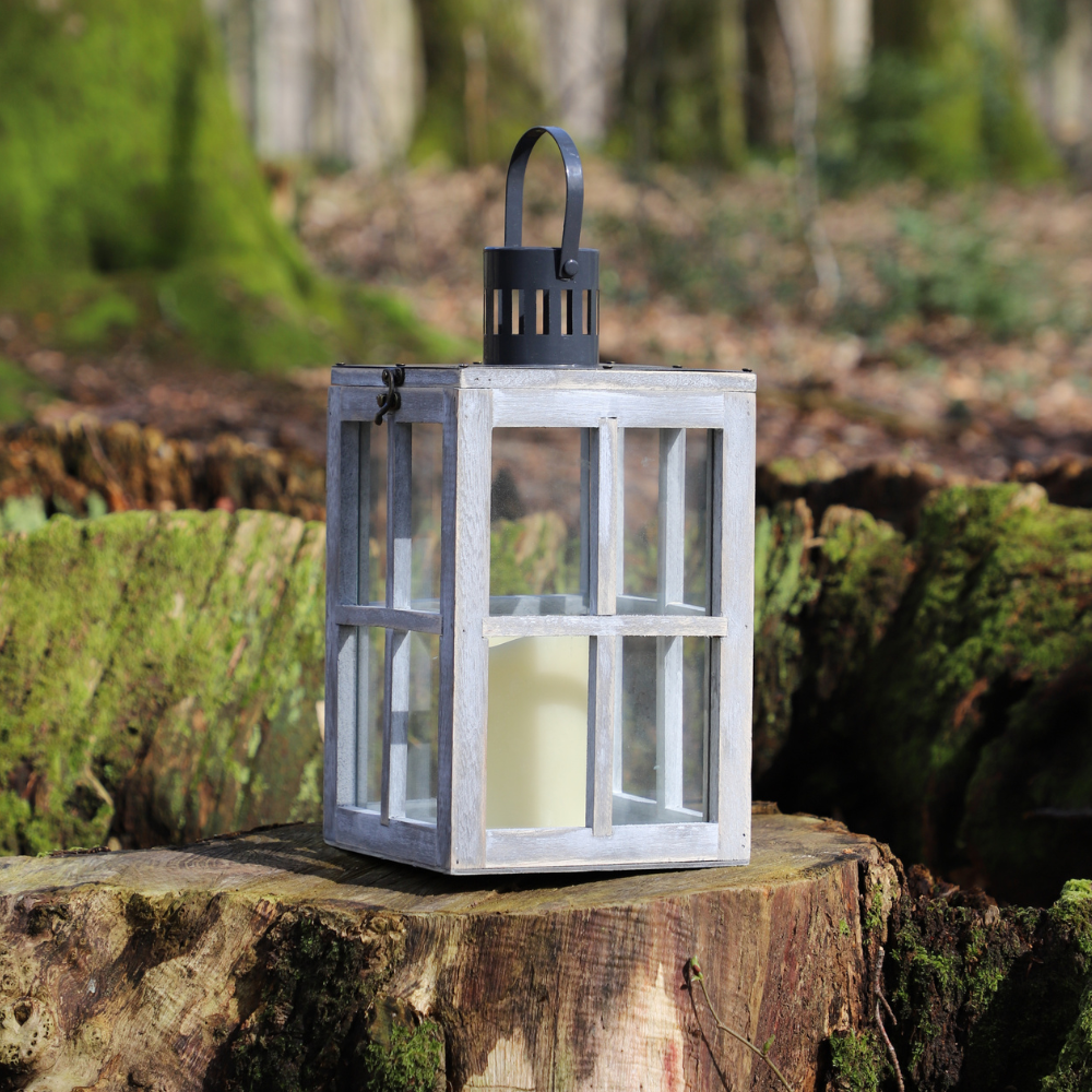 Lanterne jardin extérieur à poser bougie ancienne bois verre gris 38cm Chemin de campagne - Image 3