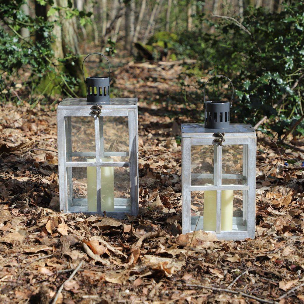 Lanterne jardin extérieur à poser bougie ancienne bois verre gris 38cm Chemin de campagne - Image 4