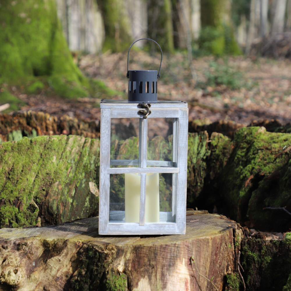 Lanterne jardin extérieur à poser bougie ancienne bois verre gris 38cm Chemin de campagne - Image 2