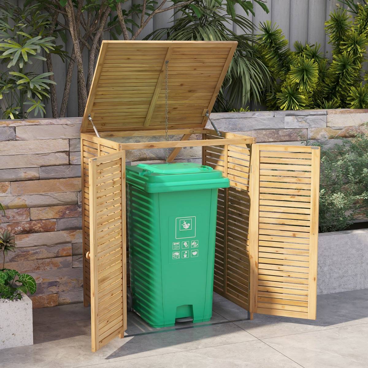 Abri à Poubelle 0.6m² en Bois de 120 L Abri pour Outils d'Extérieur avec Couvercle Ouvrable Doubles Portes Loquet de Verrouillage Naturel MAISON CHIC - Image 3