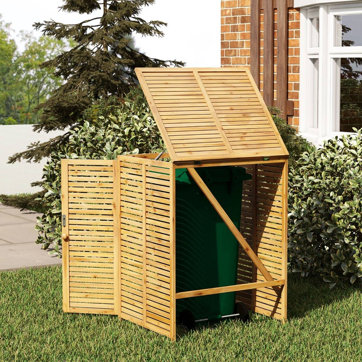 Abri à Poubelle 0.6m² en Bois de 120 L Abri pour Outils d'Extérieur avec Couvercle Ouvrable Doubles Portes Loquet de Verrouillage Naturel MAISON CHIC - Image 2