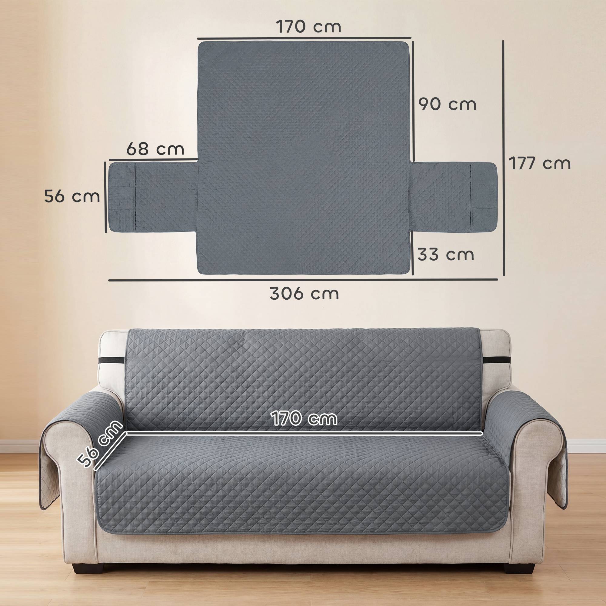 Sans Marque - Canapé Protecteur Meubles 3 Places Imperméable Anti-glisse avec Poche Rangement Gris - Image 5