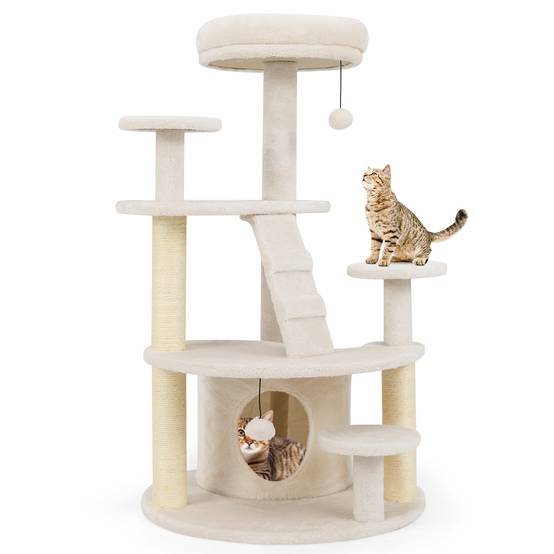 Arbre à Chat XXL 101CM, 2 Poteaux à Griffer Sisal, 7 Plateforme, Condo, Échelle d'Escalade, 2 Pompons Suspendu, pour Chats Âgés/Nains, Beige