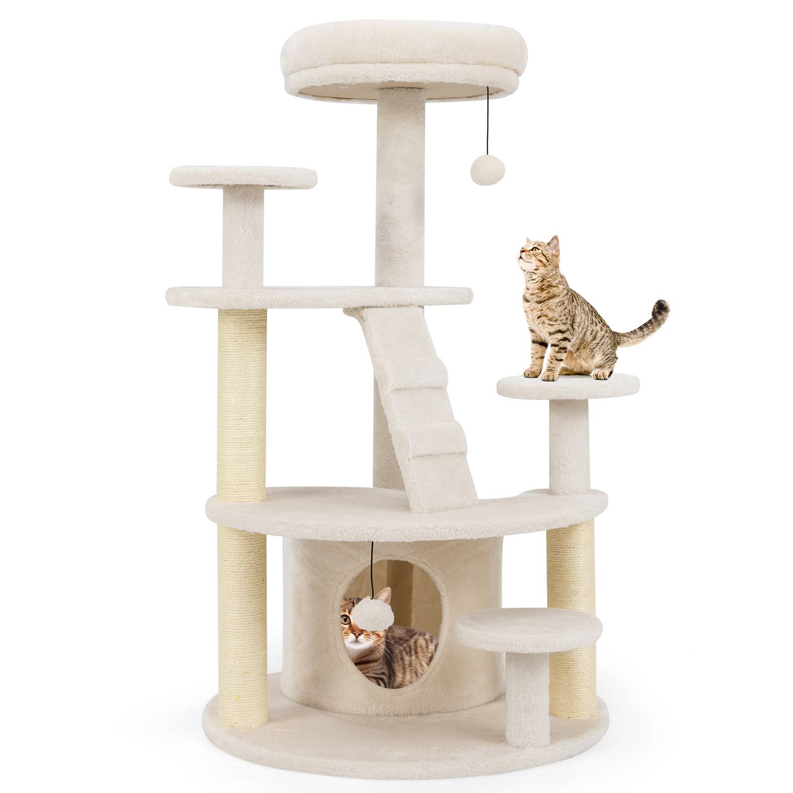 Arbre à Chat XXL 101CM, 2 Poteaux à Griffer Sisal, 7 Plateforme, Condo, Échelle d'Escalade, 2 Pompons Suspendu, pour Chats Âgés/Nains, Beige