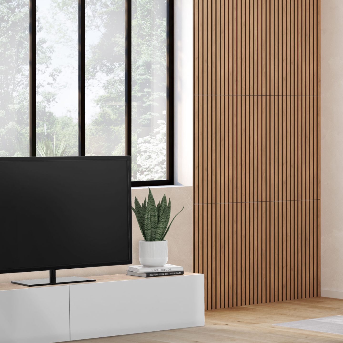 Panneaux acoustiques en tasseaux de bois 240 x 60 cm effet chêne clair et noir - Image 1