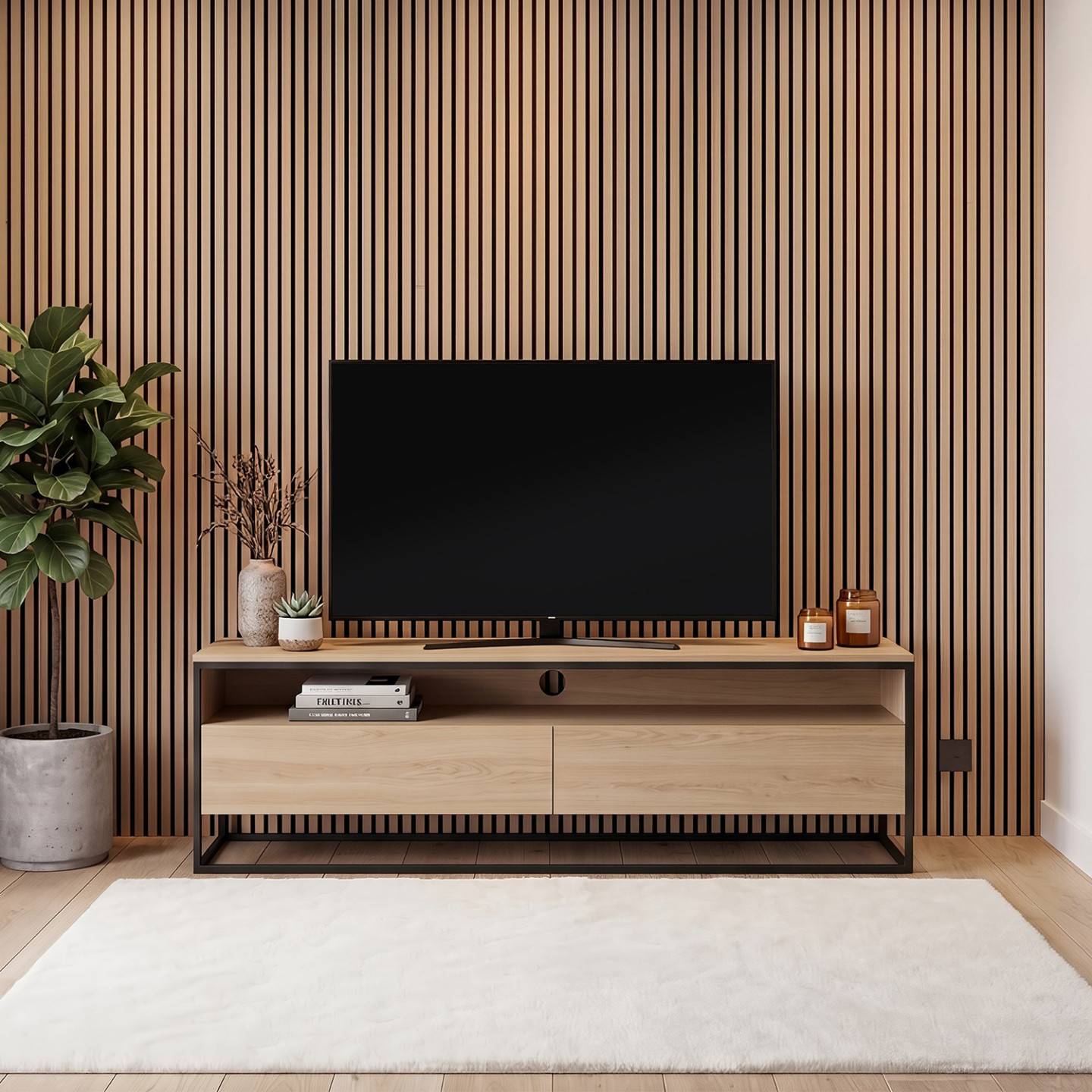 Panneaux acoustiques en tasseaux de bois 240 x 60 cm effet chêne clair et noir - Image 4