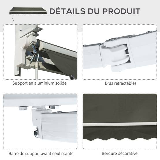 Store banne Manuel rétractable Angle Réglable Aluminium Polyester imperméabilisé 3,5L x 2,5l m gris - Image 9