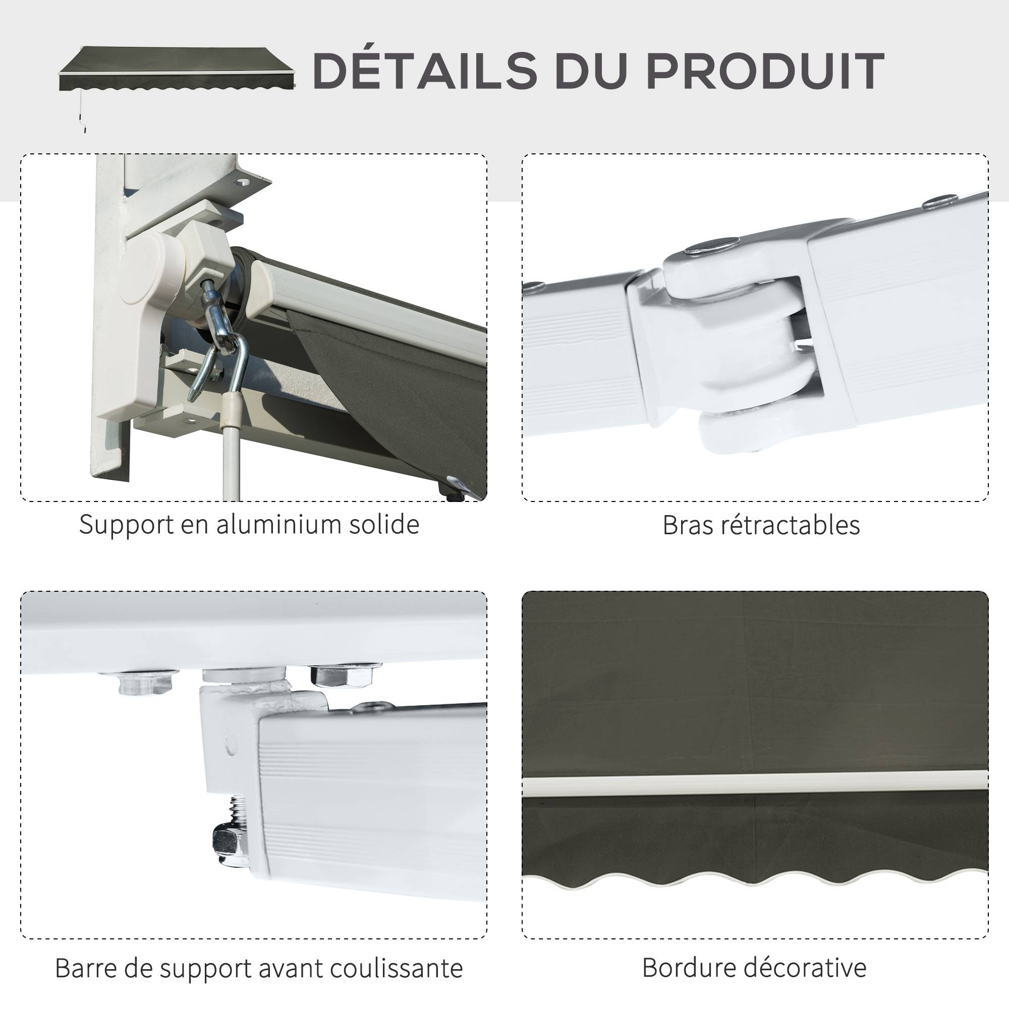 Store banne Manuel rétractable Angle Réglable Aluminium Polyester imperméabilisé 3,5L x 2,5l m gris - Image 9