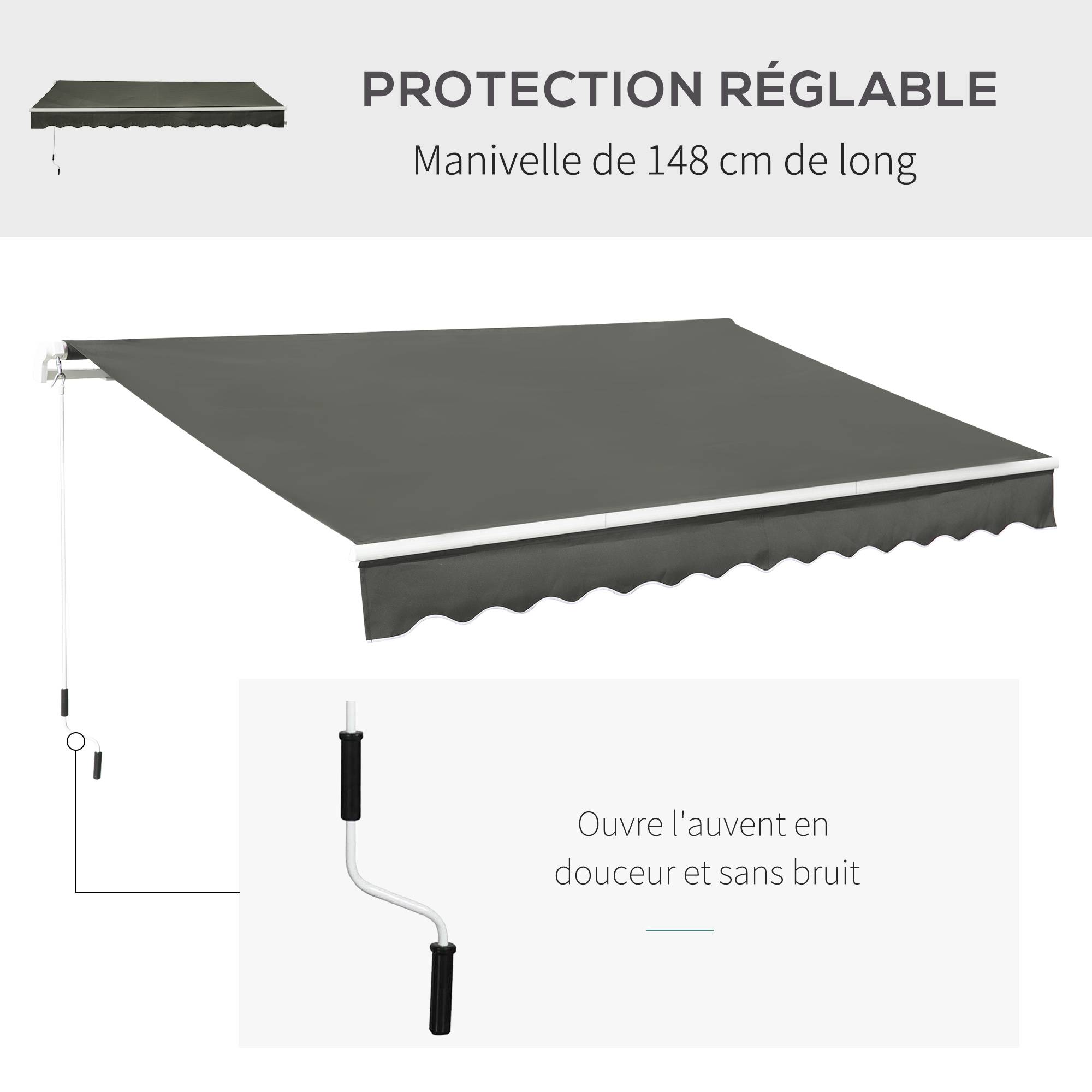 Store banne Manuel rétractable Angle Réglable Aluminium Polyester imperméabilisé 3,5L x 2,5l m gris - Image 8