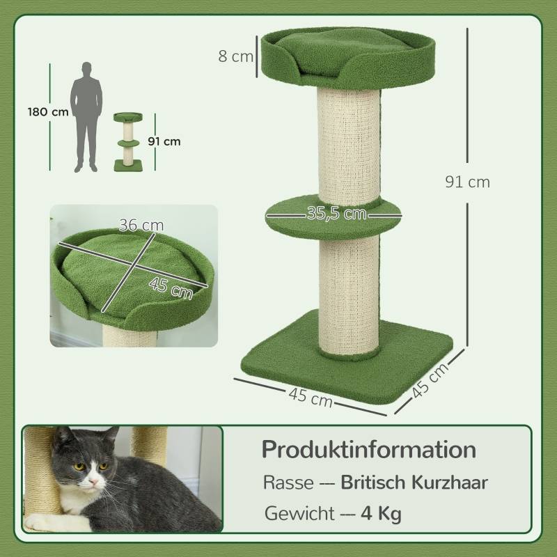 Arbre à chat multi-niveaux sisal peluche pour chat intérieur griffoir repos 91cm vert - ComfortXL Outdoor Living - Image 3