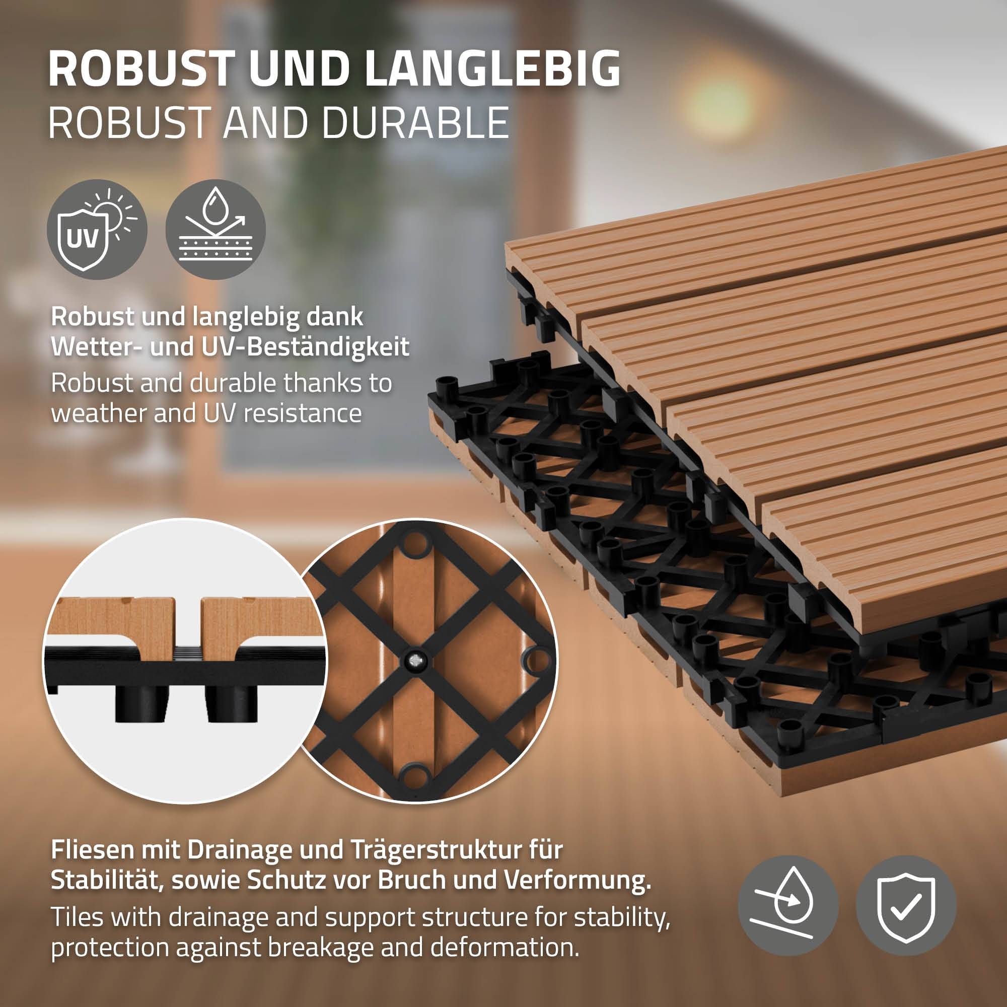 Ecd-Germany - Carreaux WPC de sol 60x30cm 3m² aspect de bois marron clair - Image 3