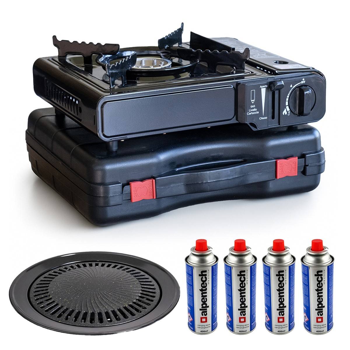 Barbecue à gaz et Réchaud gaz 2200W Piezo + 4 cartouches gaz Camping Cuisine Exterieure - Image 1