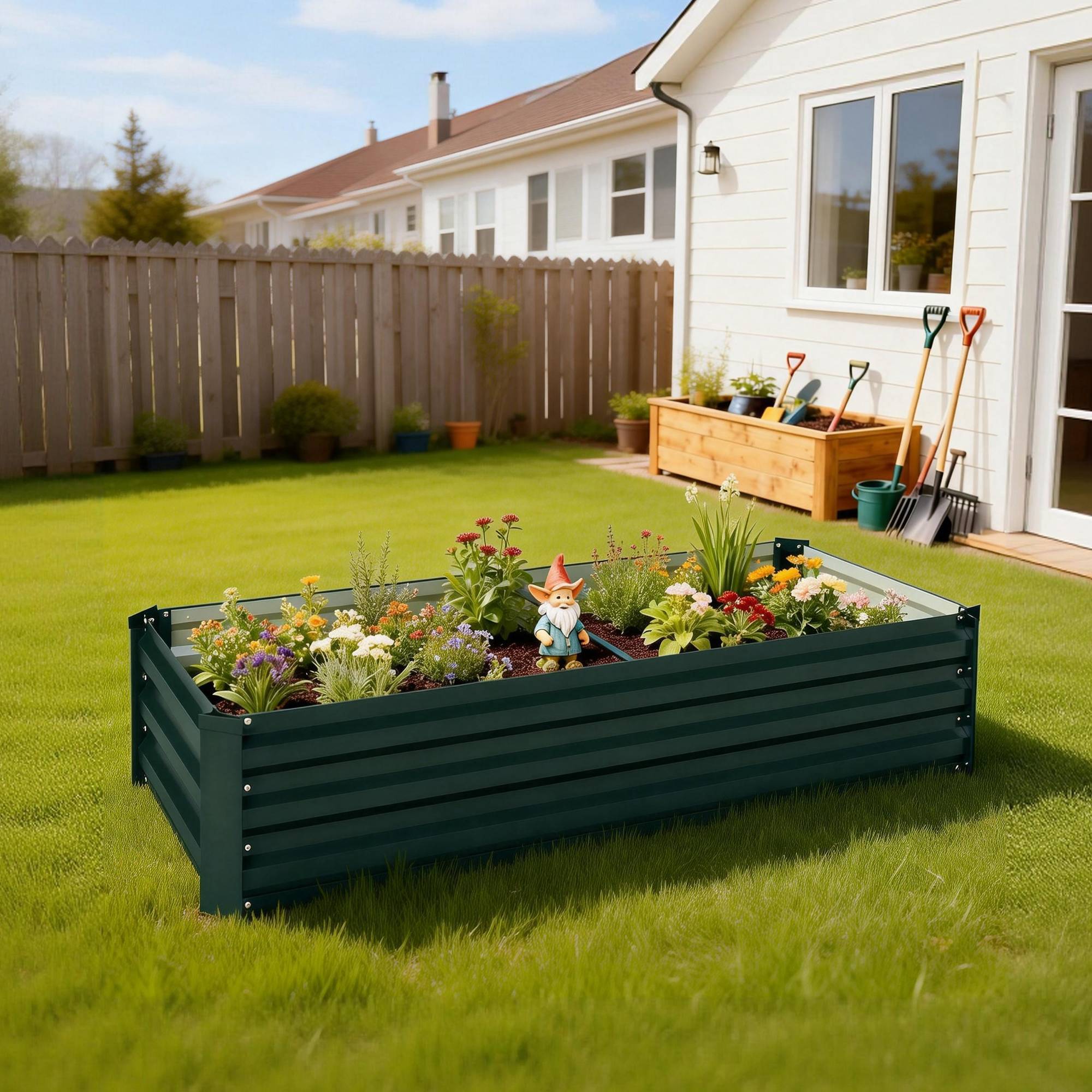Jardinière rectangulaire potager de jardin en acier galvanisé bordure de sécurité et fond ouvert 150x70x30cm vert - Image 10