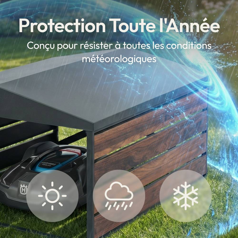 Abri pour robot tondeuse en acier galvanisé noir et bois, Garage design avec toit double pente, universel CASABEL - Image 4