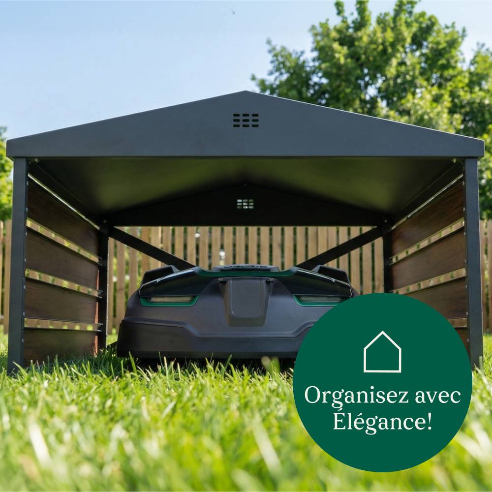 Abri pour robot tondeuse en acier galvanisé noir et bois, Garage design avec toit double pente, universel CASABEL - Image 8