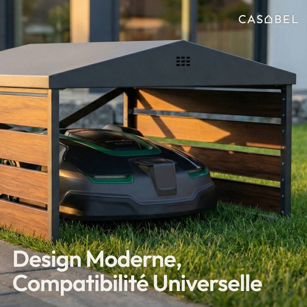 Abri pour robot tondeuse en acier galvanisé noir et bois, Garage design avec toit double pente, universel CASABEL - Image 5