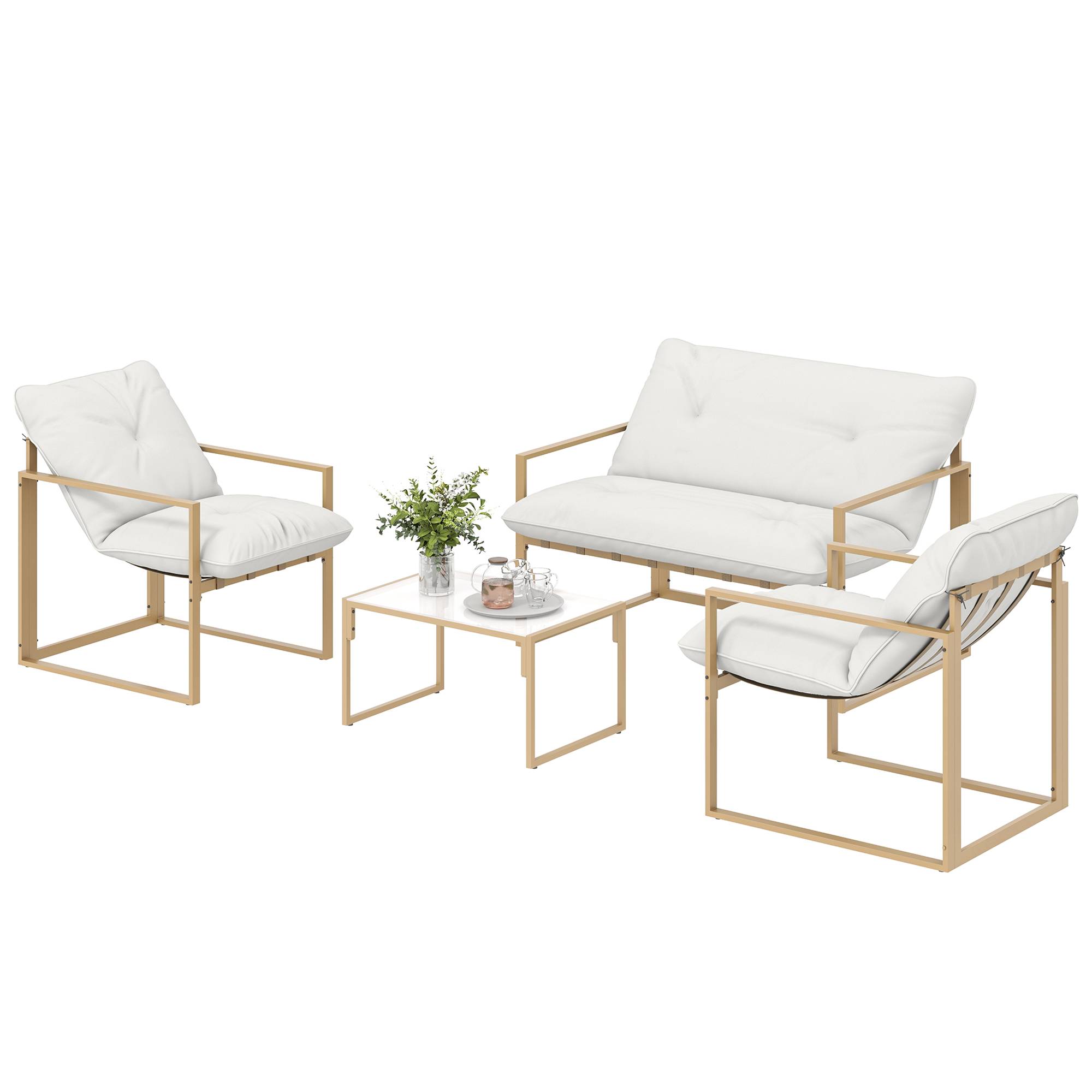 Outsunny - Salon de jardin 4 personnes - 4 pièces, 3 coussins - acier époxy kaki polyester blanc - Outsunny - Image 5