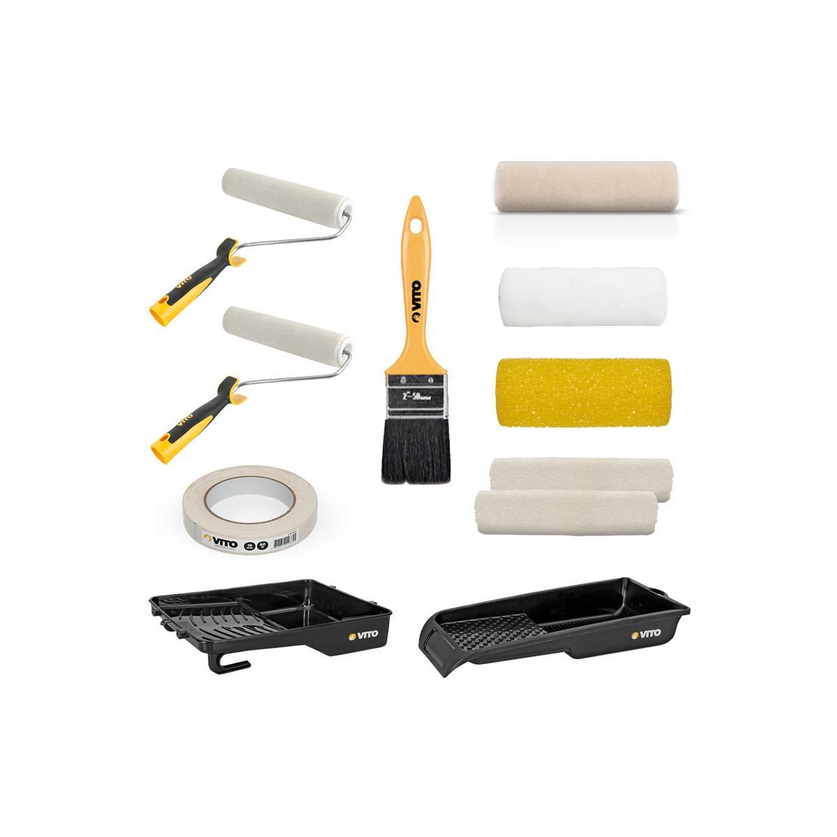 Kit 10 Outils Peinture 2 bacs peinture 2 rouleaux + 5 recharges + pinceau plat + ruban de masquage VITO - Image 1