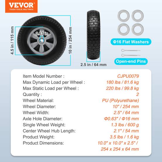 VEVOR Roue pleine PU 254 mm, lot 2. Charge dynamique 81,6 kg, statique 99,8 kg. Pour diable, chariot. - Image 7