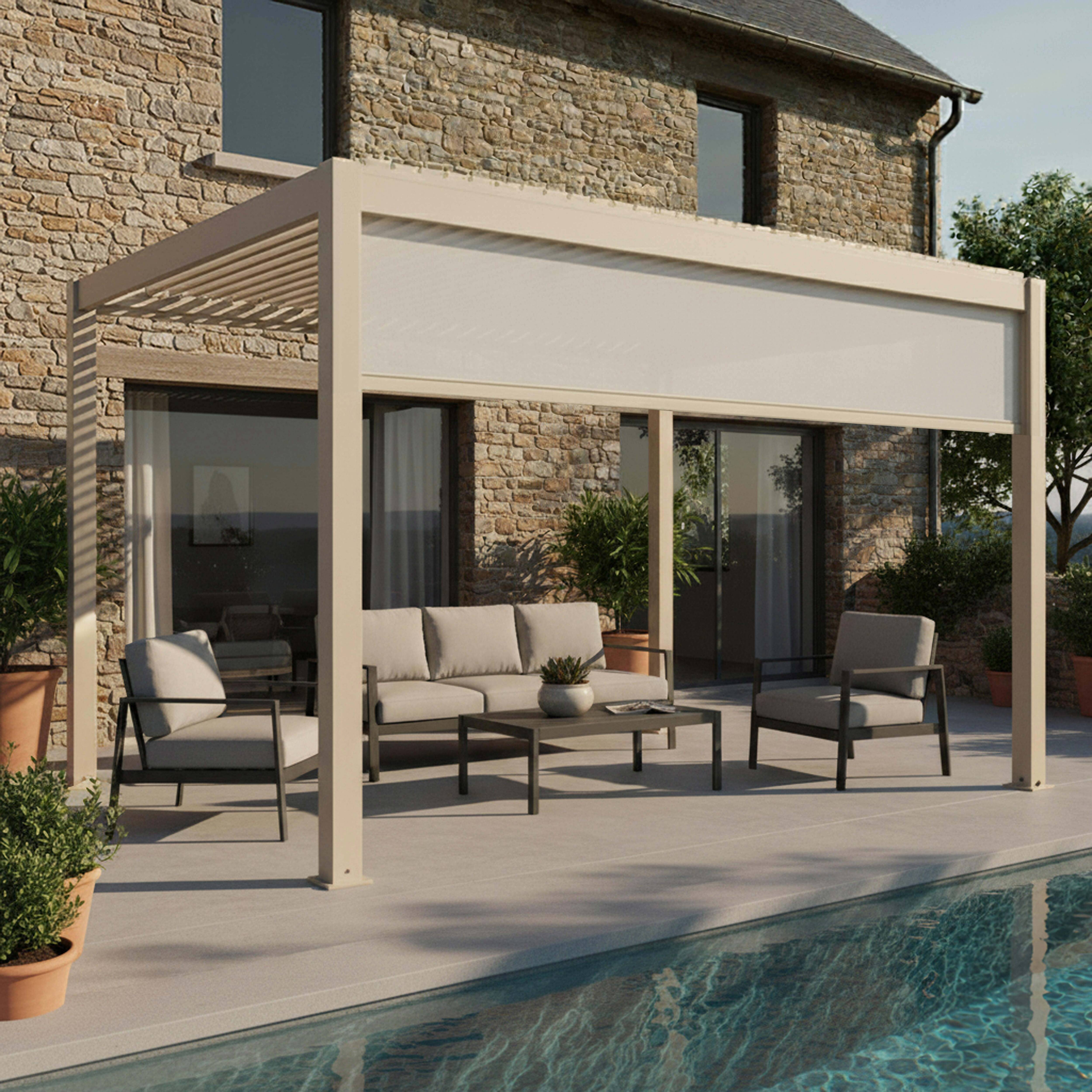 Oviala - Pergola bioclimatique autoportée motorisée éclairée 3 x 4m et 1 store Kavala - Oviala - Image 1