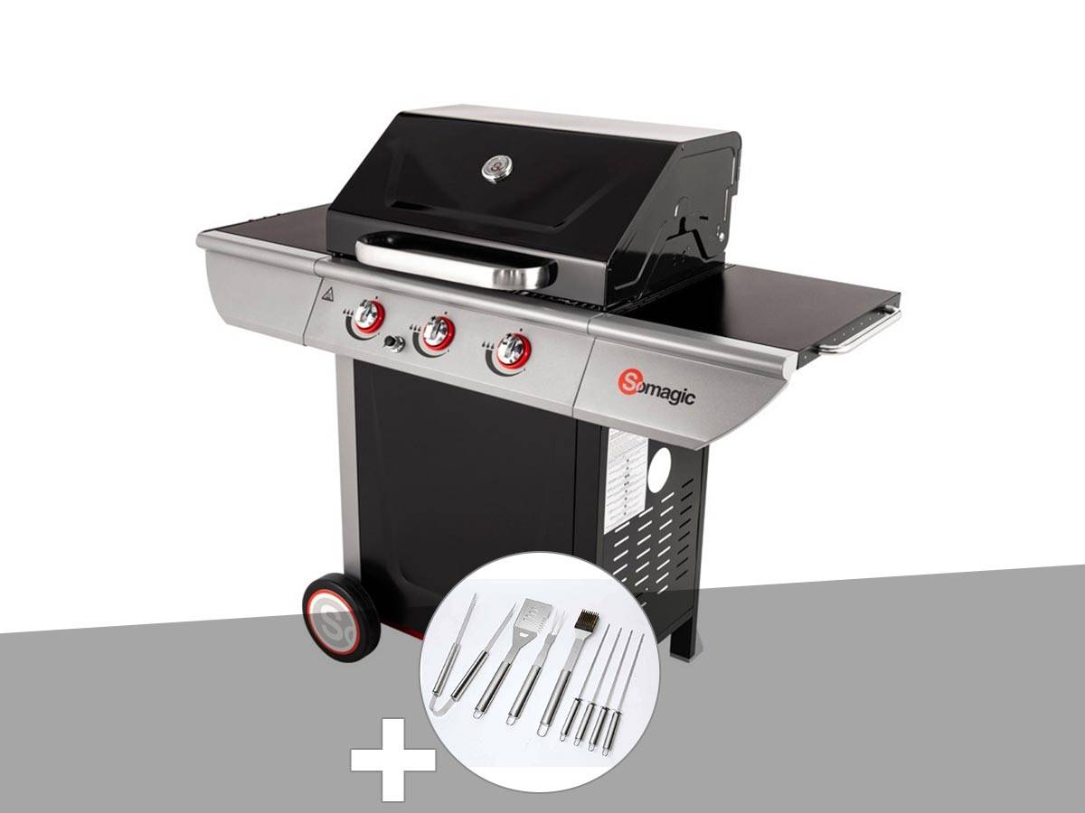 Somagic - Barbecue à gaz avec chariot 3 brûleurs Manhattan 300S - Somagic + Malette de 8 accessoires inox