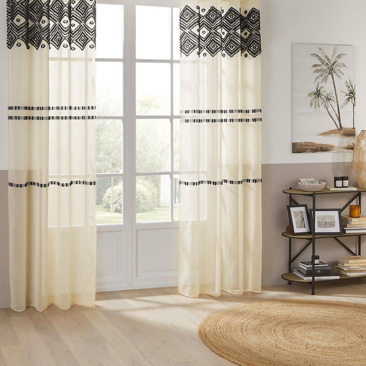 Voilage à œillets Beige Lin motif Noir 140 x 240 cm - Image 2