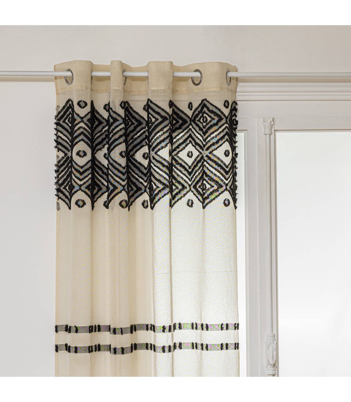 Voilage à œillets Beige Lin motif Noir 140 x 240 cm - Image 1