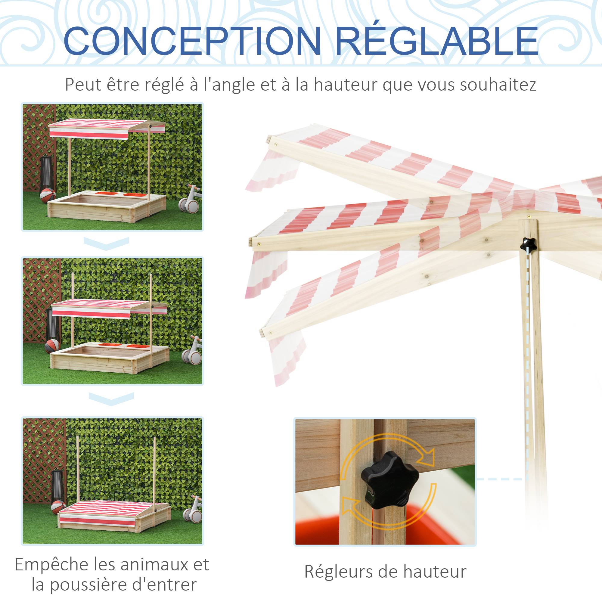 Bac à Sable Bois carré dim. 1,18L x 1,18l x 1,18H m - Hauteur, Inclinaison Toit réglables, refermable - 2 bacs - Bois Sapin Autoclave - Image 6