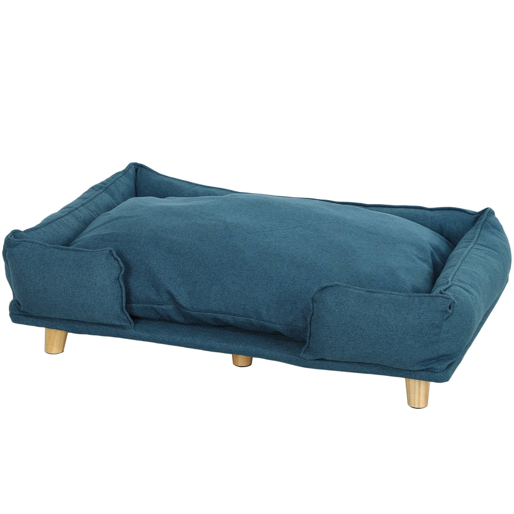 Sans Marque - Lit surélevé chien pieds bois coussin lavable jusqu'à 30kg 96x66x24 cm bleu - Image 2