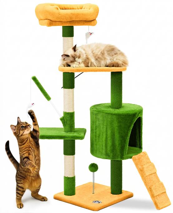 Vounot - Arbre à chat 112cm multi niveaux vert orange - avec griffoir, niche, jouet et plateforme - arbre à grimper - VOUNOT® - Image 1