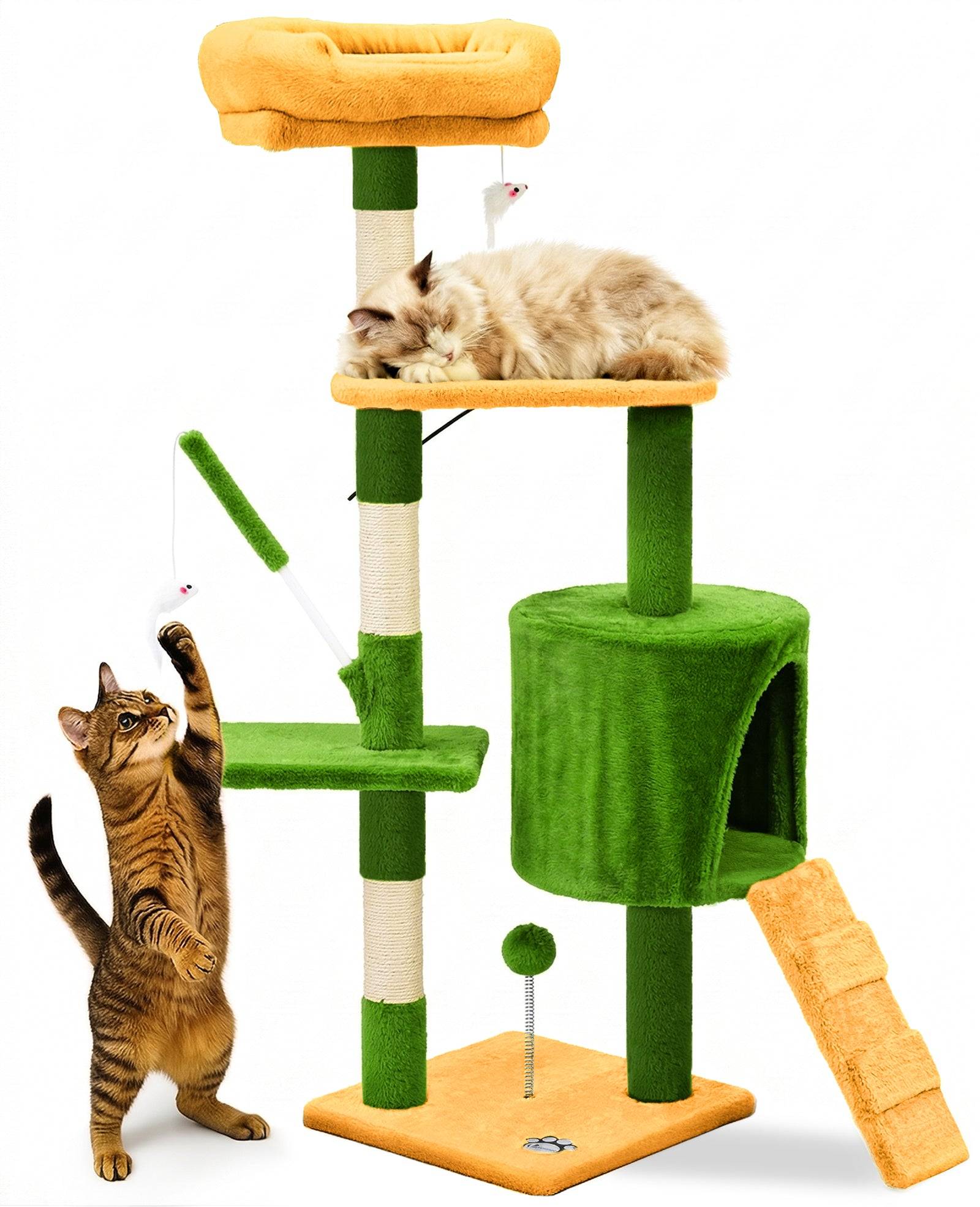 Vounot - Arbre à chat 112cm multi niveaux vert orange - avec griffoir, niche, jouet et plateforme - arbre à grimper - VOUNOT® - Image 1