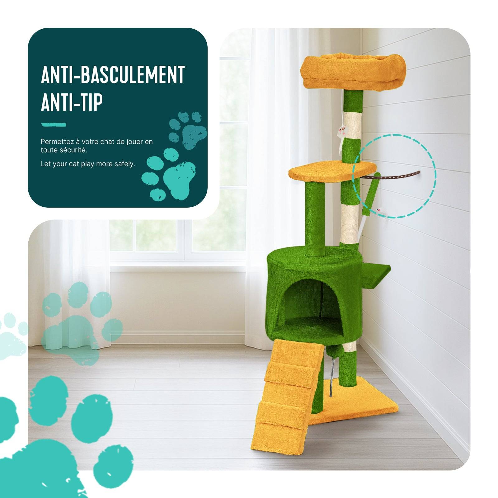 Vounot - Arbre à chat 112cm multi niveaux vert orange - avec griffoir, niche, jouet et plateforme - arbre à grimper - VOUNOT® - Image 4