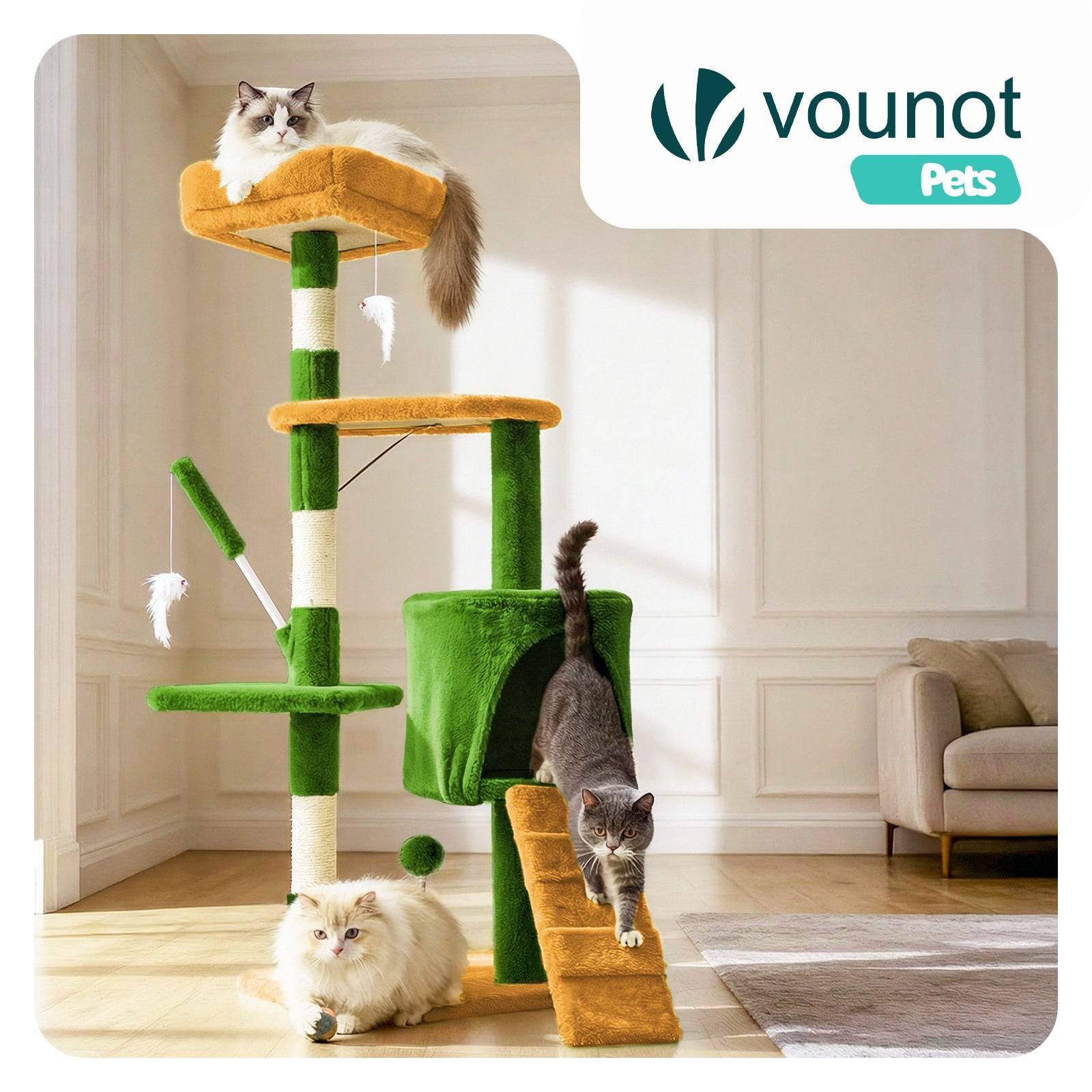 Vounot - Arbre à chat 112cm multi niveaux vert orange - avec griffoir, niche, jouet et plateforme - arbre à grimper - VOUNOT® - Image 2
