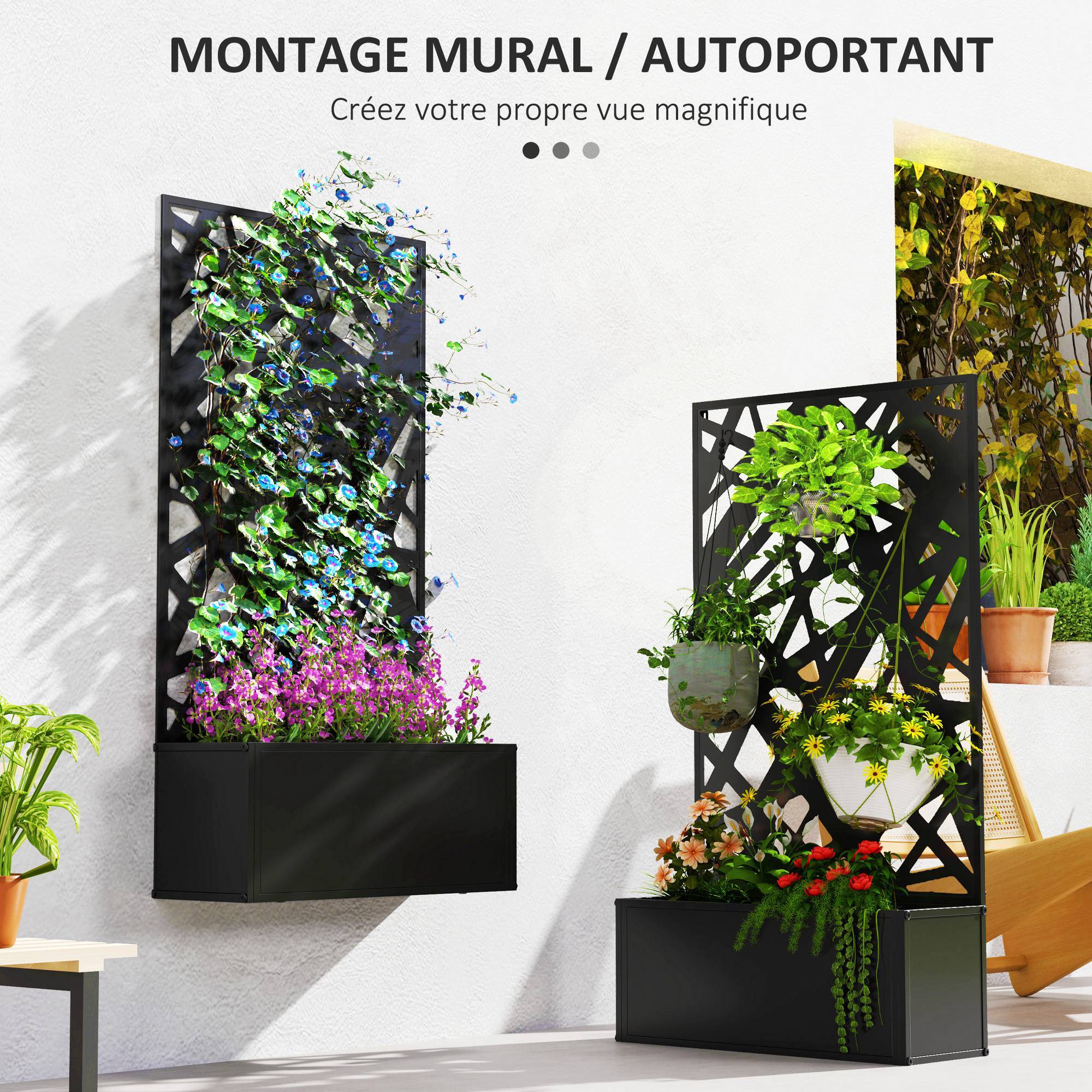 Jardinière avec brise-vue paravent treillis pour Plante Grimpante, bac à Fleurs - dim. 61L x 23l x 113H cm - Image 6