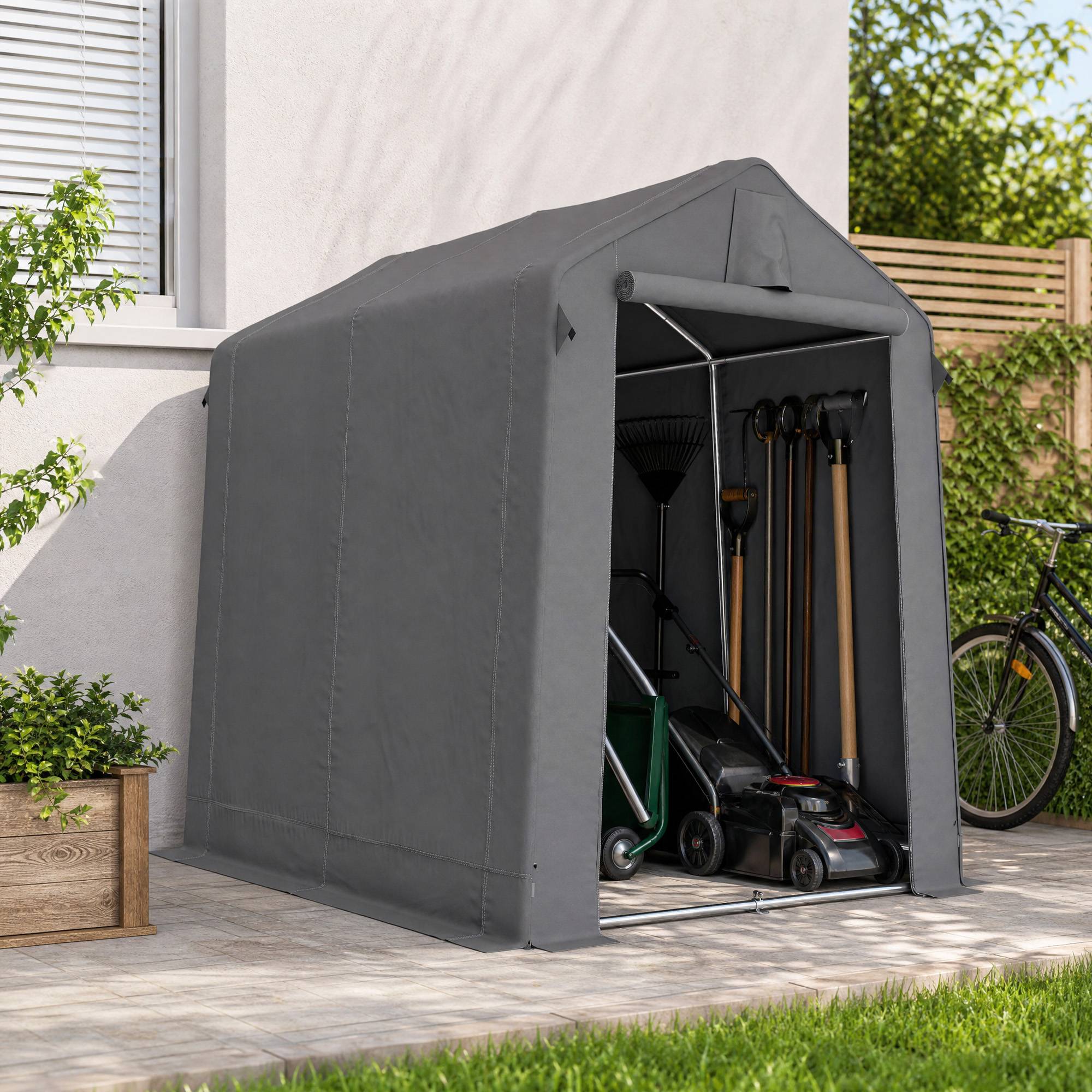 Abri jardin 2,3x1,9m hydrofuge, porte zip enroulable, ventilation, toit à deux versants, gris foncé - Image 10
