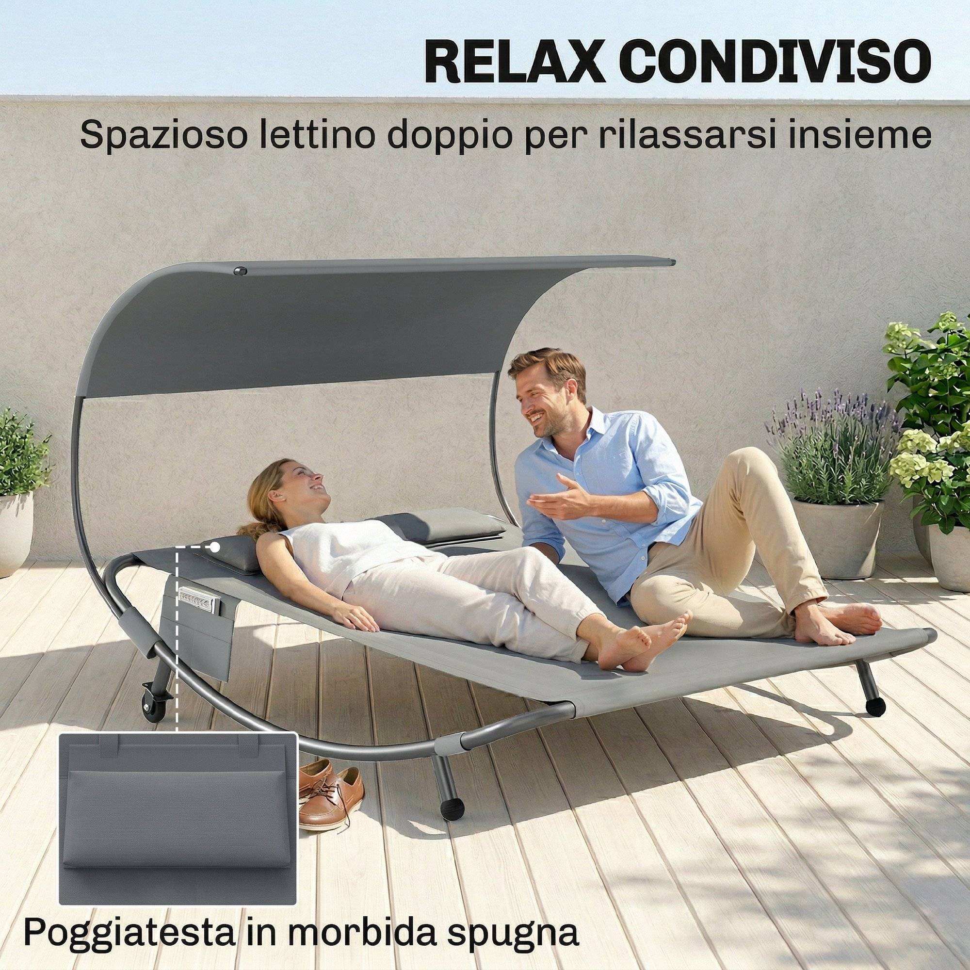 Lit de bronzage double avec baldaquin amovible, roues, coussins et poches, 180x200x170 cm, gris - Image 6