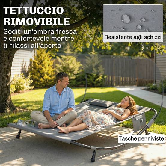 Lit de bronzage double avec baldaquin amovible, roues, coussins et poches, 180x200x170 cm, gris - Image 8