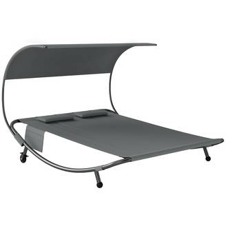 Lit de bronzage double avec baldaquin amovible, roues, coussins et poches, 180x200x170 cm, gris