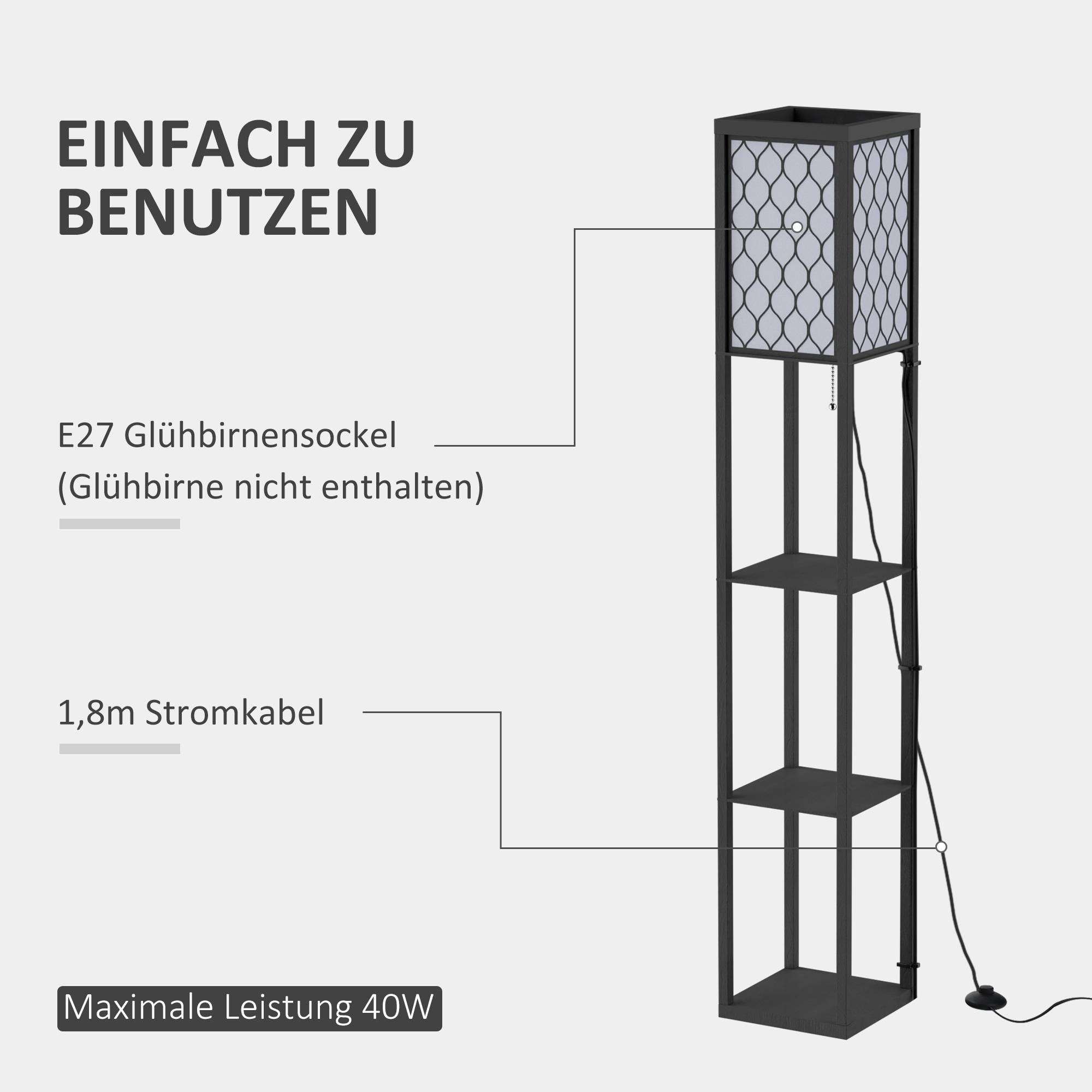 Lampadaire pour salon avec étagère, lampe sur pied avec douille E27 pour salon/chambre, ampoule non incluse. - Image 9