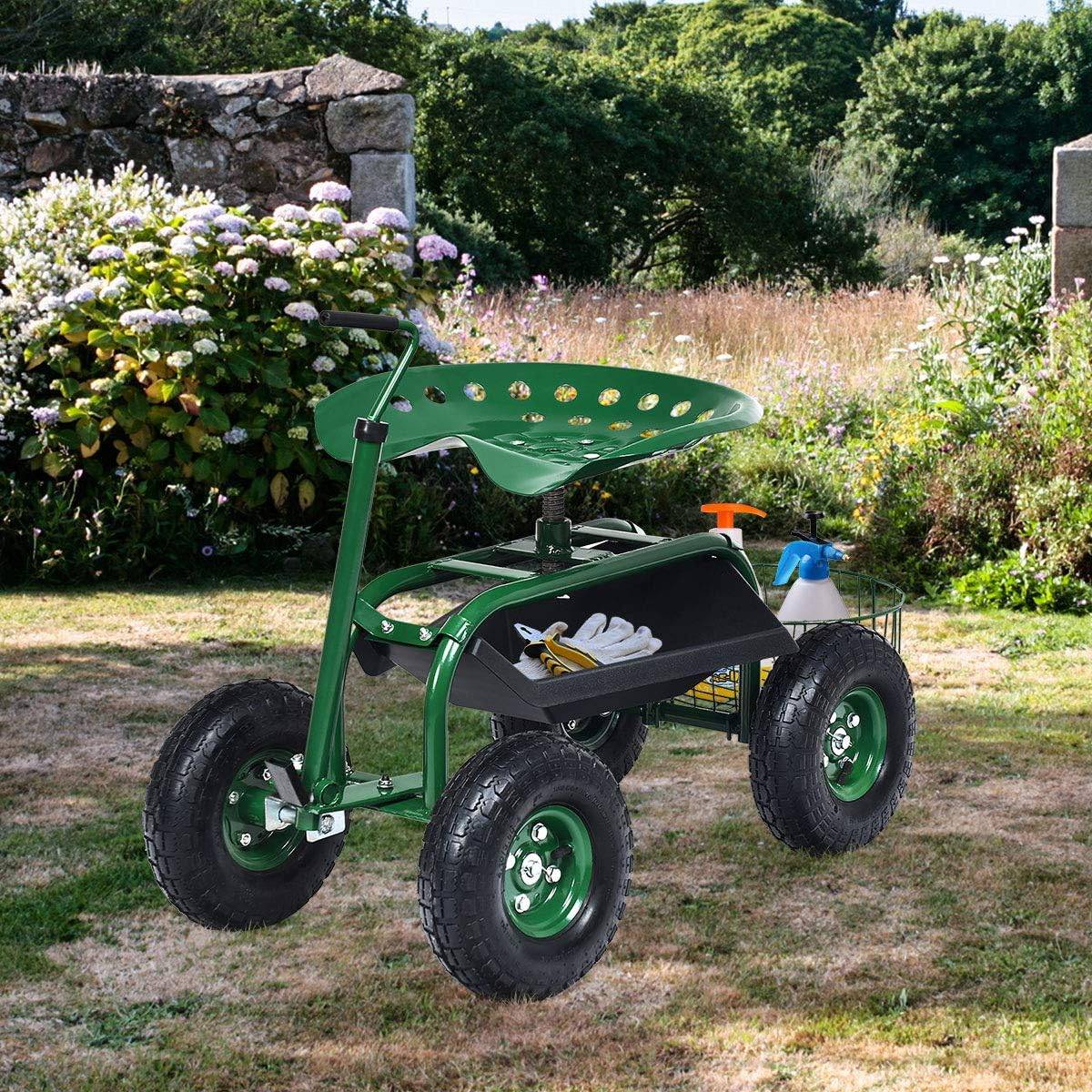 Costway - Siège de Jardin Roulant avec Poignée Extensible, avec Siège Rotative 2 Plateaux à Outils Panier de Rangement 4 Roues  (96,5 x 47,5 x 47-55 cm) - Image 6