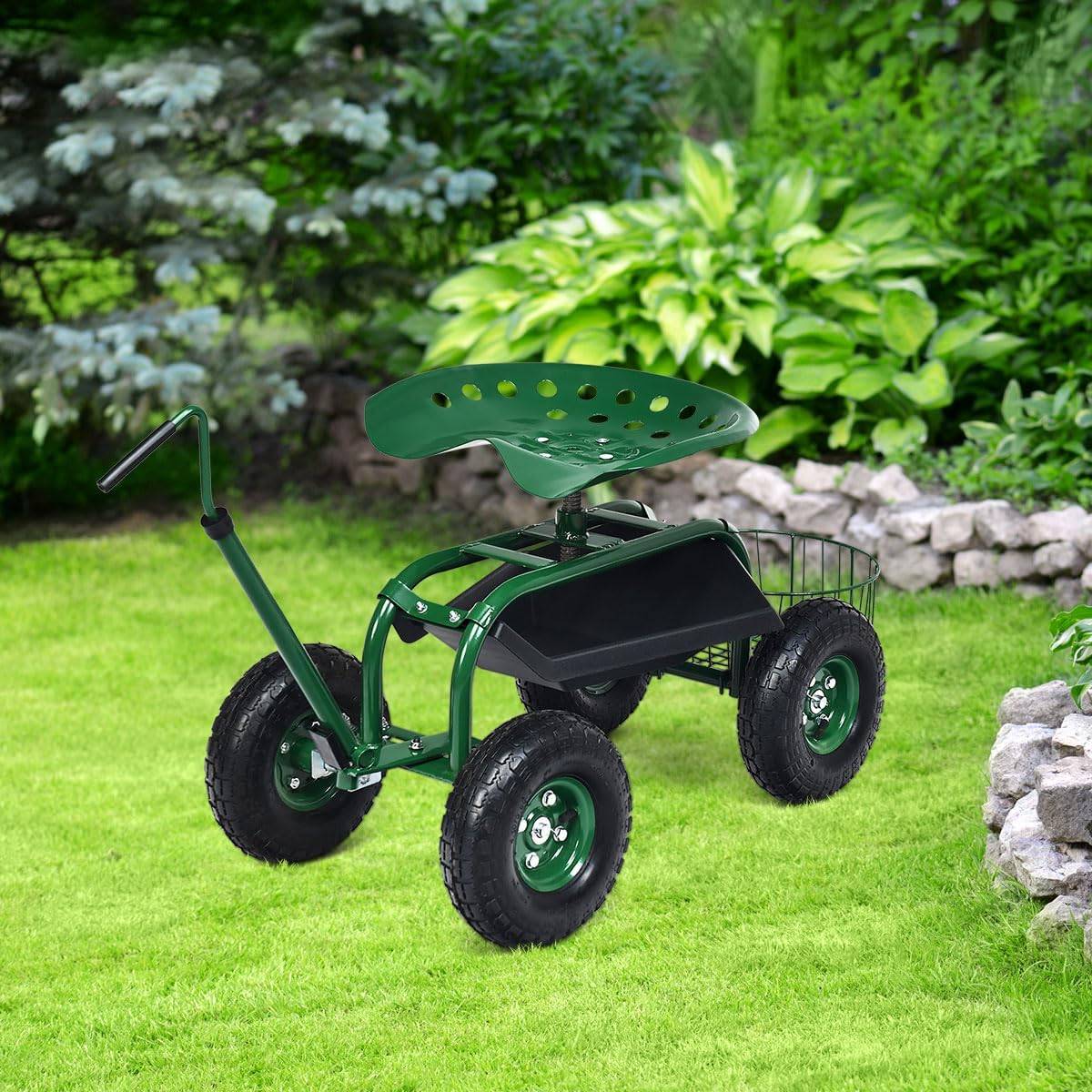 Costway - Siège de Jardin Roulant avec Poignée Extensible, avec Siège Rotative 2 Plateaux à Outils Panier de Rangement 4 Roues  (96,5 x 47,5 x 47-55 cm) - Image 1