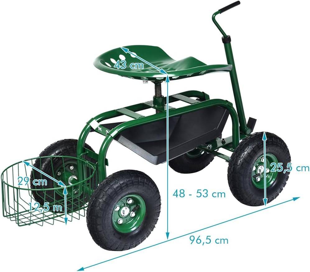 Costway - Siège de Jardin Roulant avec Poignée Extensible, avec Siège Rotative 2 Plateaux à Outils Panier de Rangement 4 Roues  (96,5 x 47,5 x 47-55 cm) - Image 4