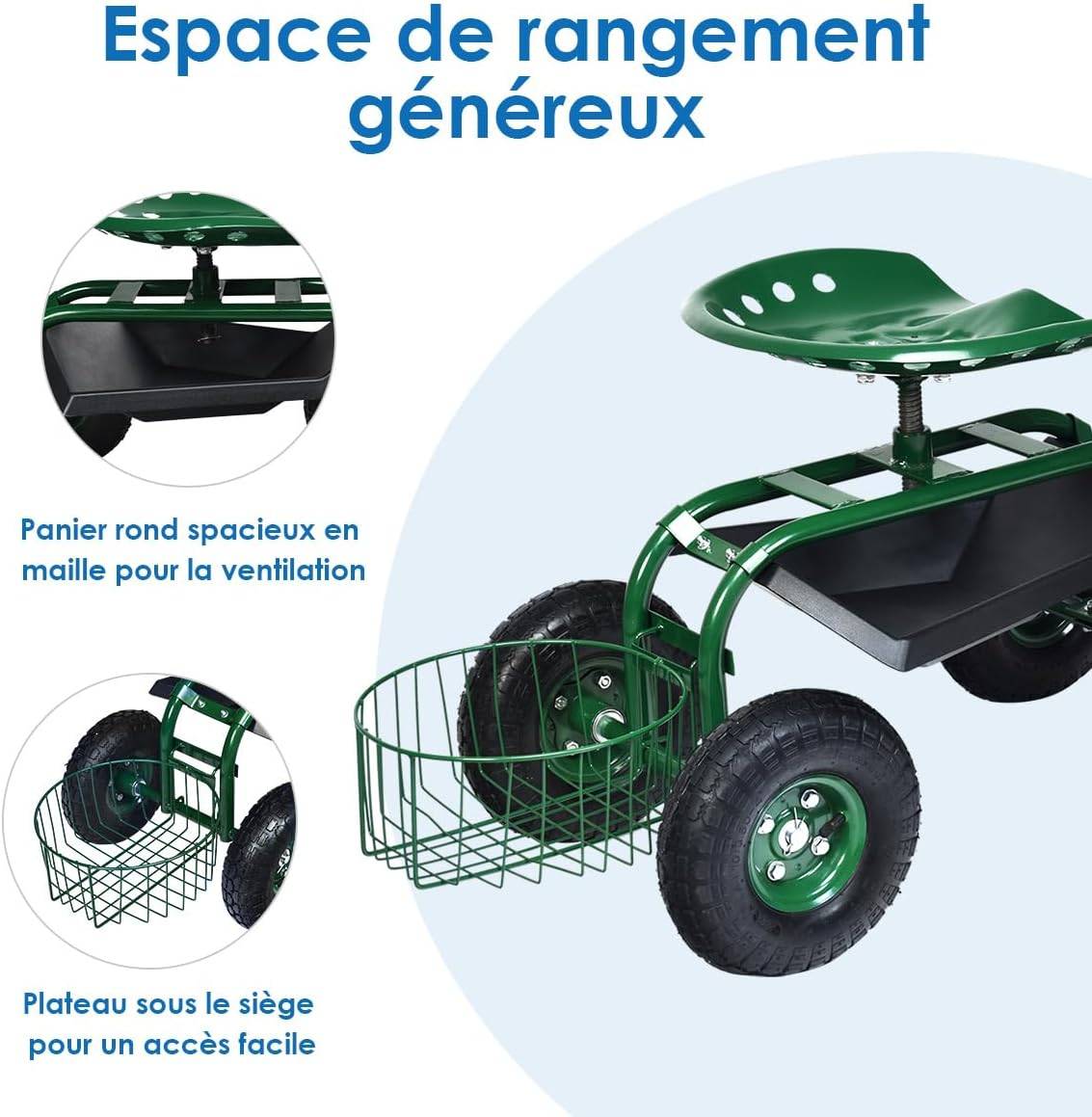 Costway - Siège de Jardin Roulant avec Poignée Extensible, avec Siège Rotative 2 Plateaux à Outils Panier de Rangement 4 Roues  (96,5 x 47,5 x 47-55 cm) - Image 5
