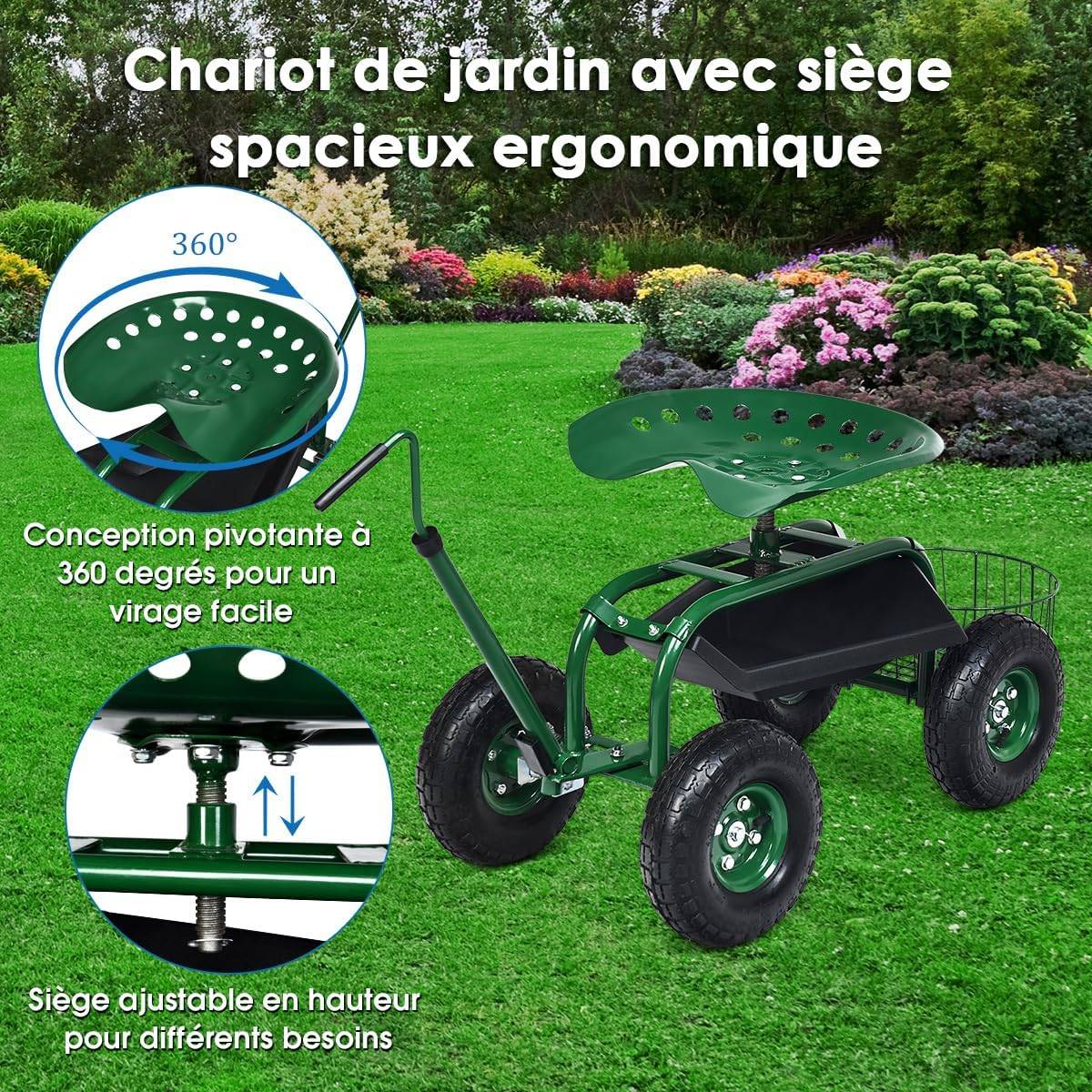 Costway - Siège de Jardin Roulant avec Poignée Extensible, avec Siège Rotative 2 Plateaux à Outils Panier de Rangement 4 Roues  (96,5 x 47,5 x 47-55 cm) - Image 3