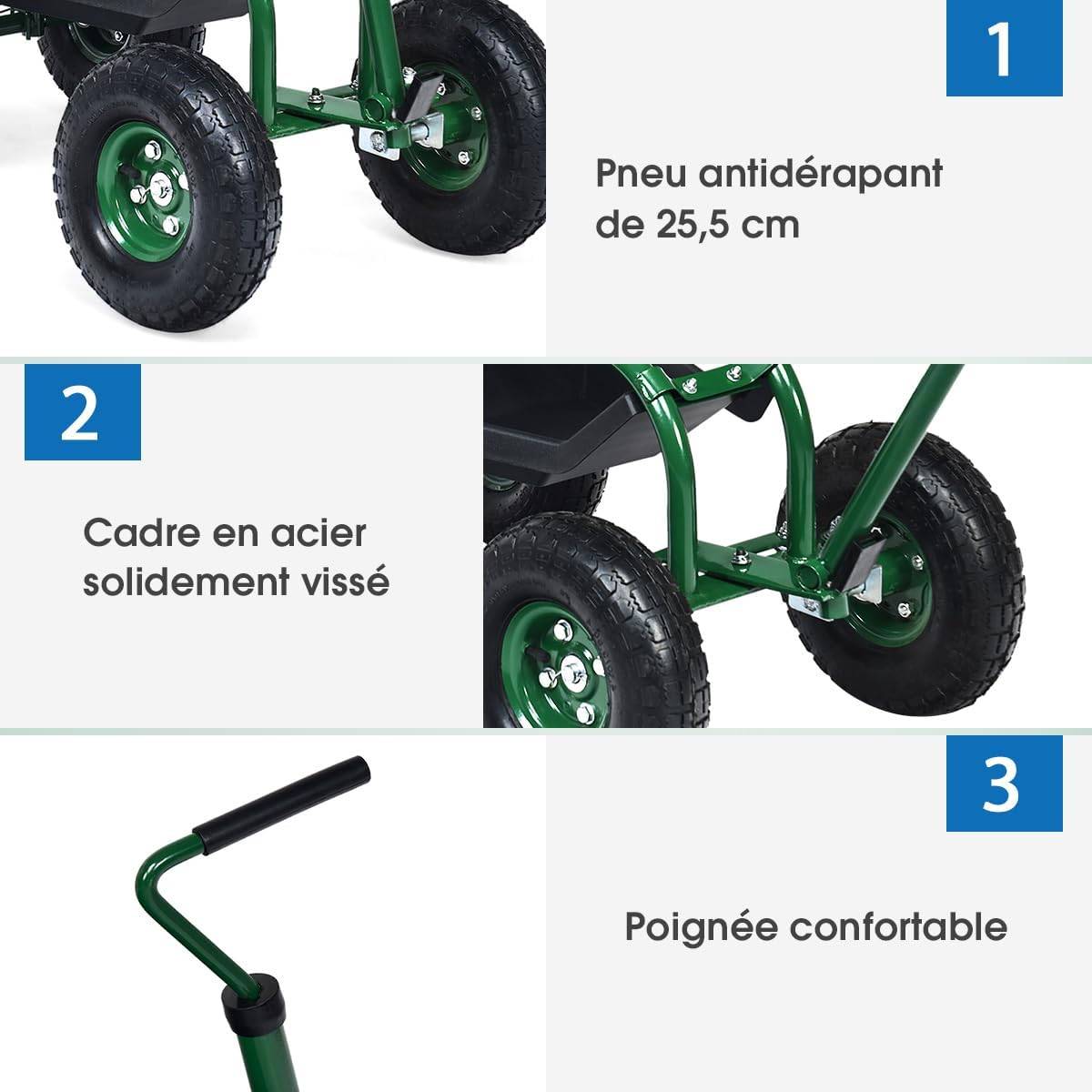 Costway - Siège de Jardin Roulant avec Poignée Extensible, avec Siège Rotative 2 Plateaux à Outils Panier de Rangement 4 Roues  (96,5 x 47,5 x 47-55 cm) - Image 2
